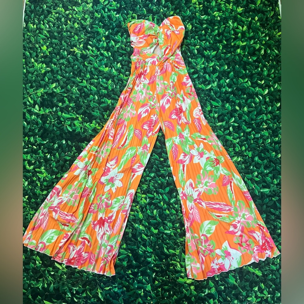 Orange Floral Tube Jumpsuit Great Quality Flare Bottoms - Picture 2 of 7